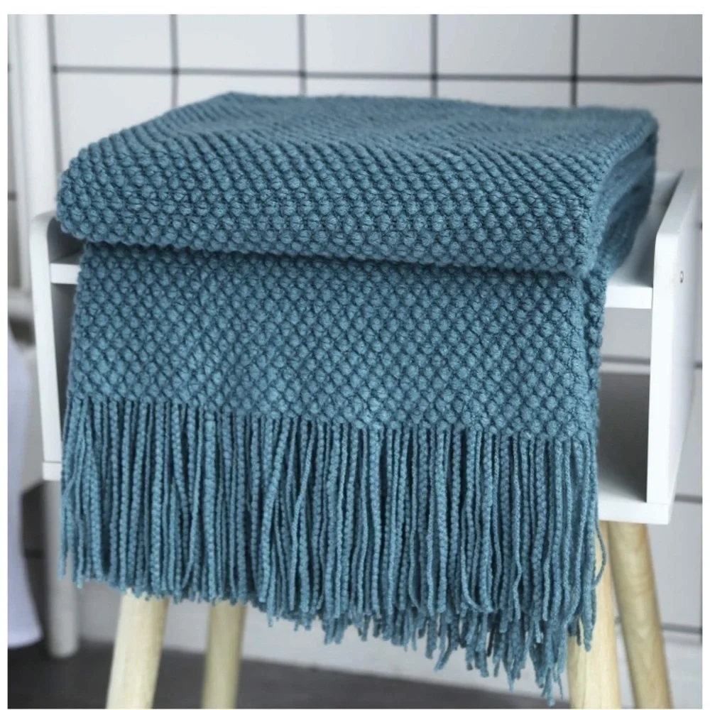Cozy Knit Turquoise Teal Fringe Warm Blanket/Shawl for Couch/Bedroom/Dorm/Patio - Picture 4 of 16